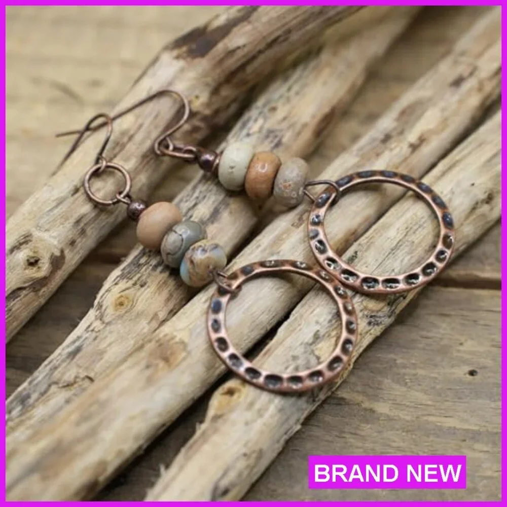 Boho Hammered Copper Drop Earrings with Gemstone Beads Handmade Jewelry
